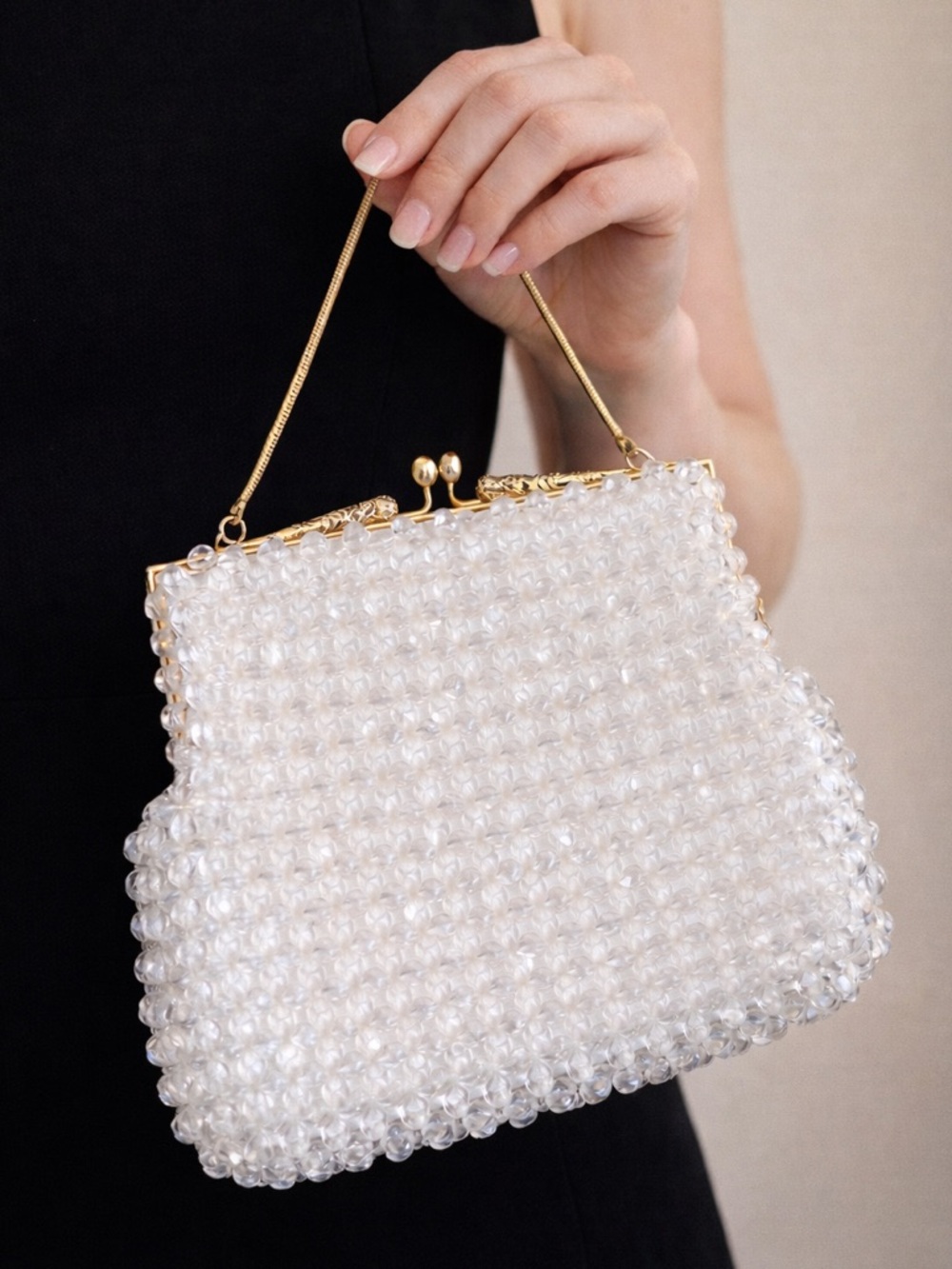 Vintage 1950s Beaded Clutch Clear Acrylic Evening Bag Gold Frame